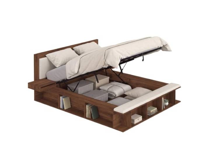 IDMarket - KIRO-Doppelbett mit Stauraum, gepolstertem Kopfteil, Nachttischen und Lattenrost, 140 x 190 cm, in Nussbaum-Optik und mit beigem
