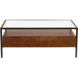 Rechteckiger Couchtisch mit Ablagen aus dunklem massivem Mangoholz, Glas und schwarzem Metall L100 cm SITA