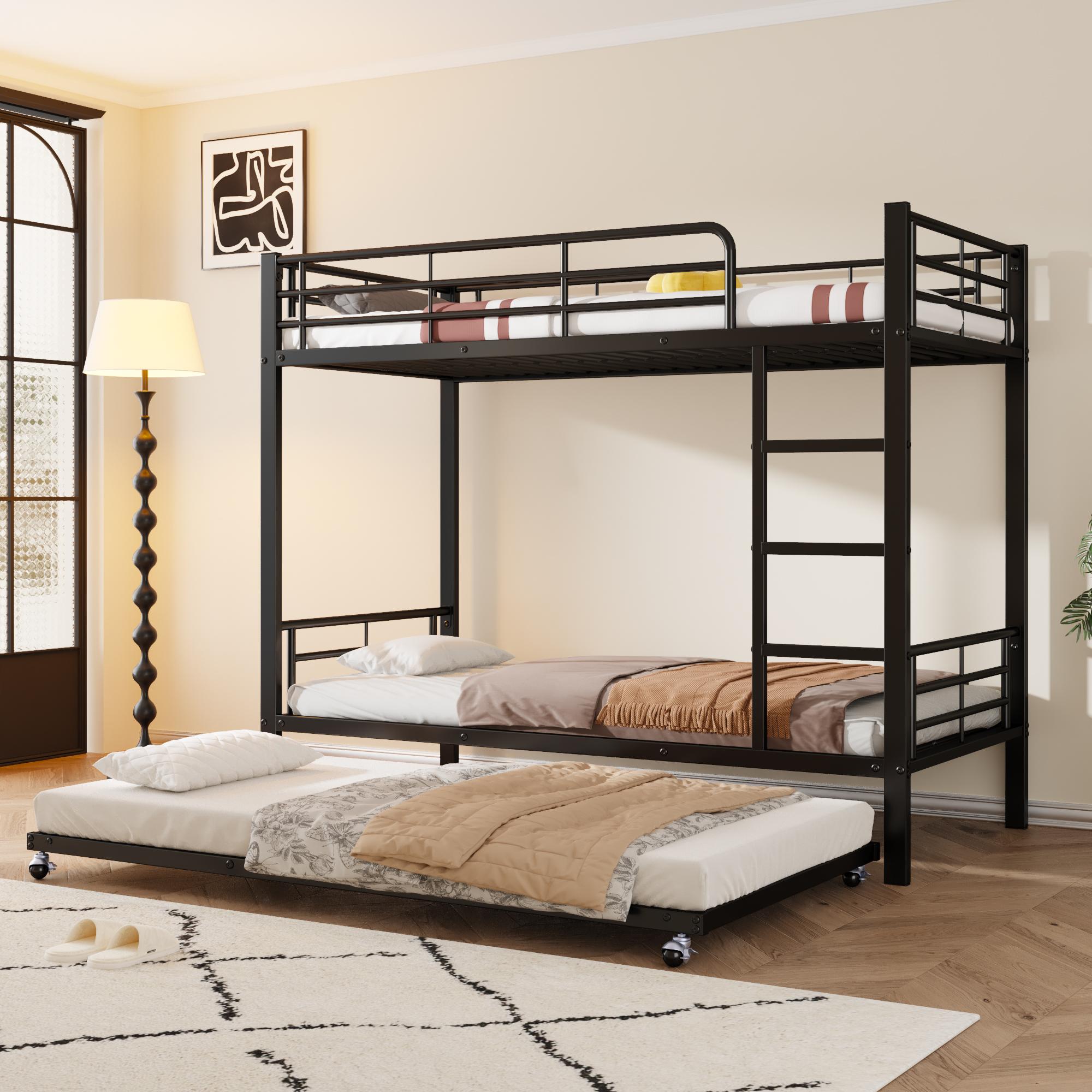 Etagenbett aus Eisen 90x200/190cm (schwarz): für Kinder/Jugendliche, mit Ausziehbett und 4 oberen Schutzgittern