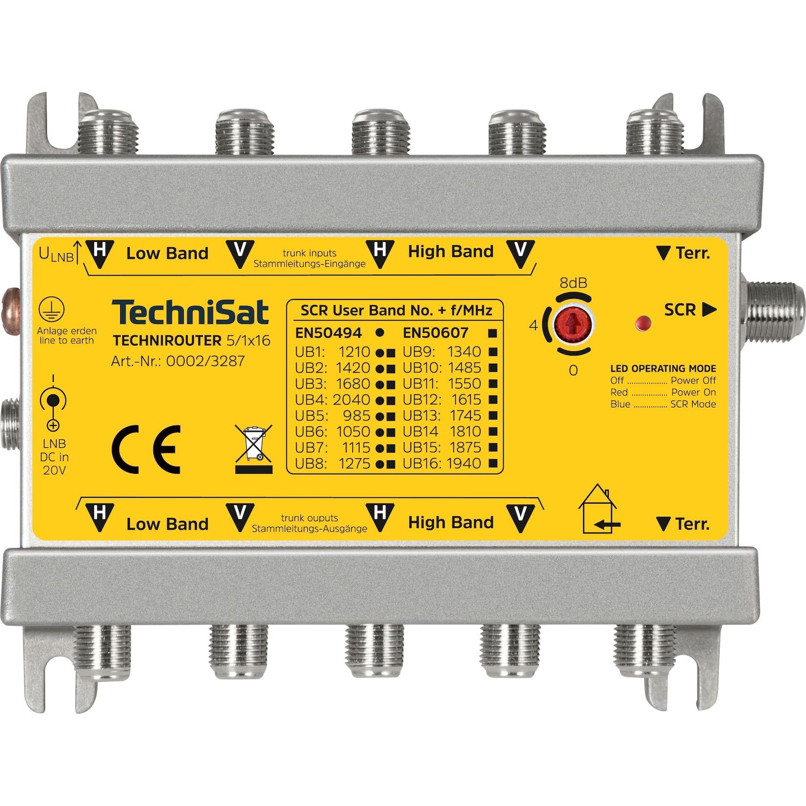 TechniSat TECHNIROUTER 5/1x16 Verteilung von einem Satellit (4 SatBlöcke) auf einen Kabelstrang für 16 Teilnehmer, silber-gelb
