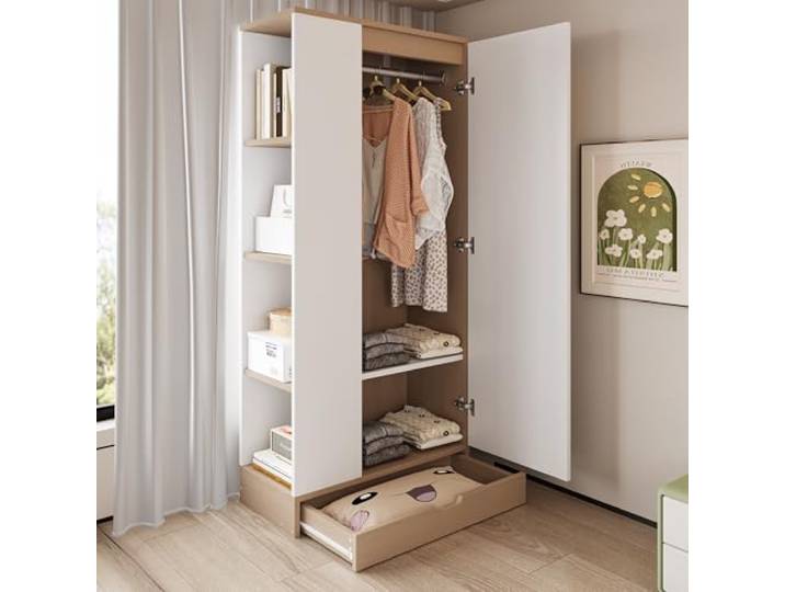 Terahanda Kleiderschrank 70 * 40 * 170cm, eintürige Ausführung, mit Einlegeböden und Schubladen (Naturholzfarbe + Weiß)