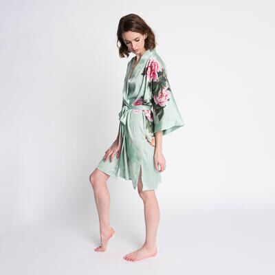KIM + ONO Peony & Bird Short Kimono Robe - Charmeuse   KIM+ONO - celedon / one size