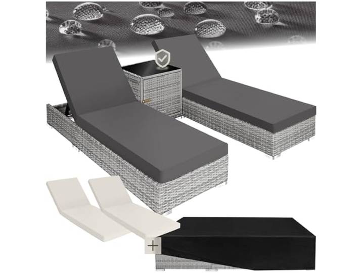 tectake® 2er Garten Lounge Sonnenliegen Set mit Tisch, Aluminium Gartenliege, Gartenlounge Outdoor, Relaxliege inkl. 2 Bezugsets & Schutzhülle, Outdoor Poly Rattan Gartenmöbel Set, 2er Set - hellgrau