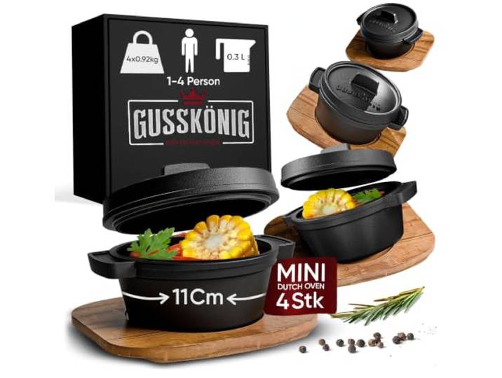 GUSSKÖNIG Dutch Oven Set Mini mit Holz-Untersetzer – 4x 300 ml Gusseisen Mini Topf mit Deckel–eingebrannter Mini Dutch Oven–Mini Cocotte Gusseisen Servierpfännchen–30 Jahre Garantie