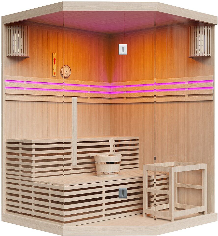 Vente-unique Finnische Eck-Sauna verglast mit LED-Beleuchtung - 3/4 Personen - B150 x T150 x H200 - KALSOY