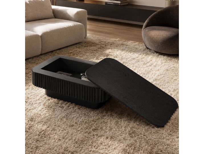 Table Basse Rectangulaire Cannelée avec Rangement Caché Table de Salon Moderne Plaquée de Bois massif Table D'appoint Noir
