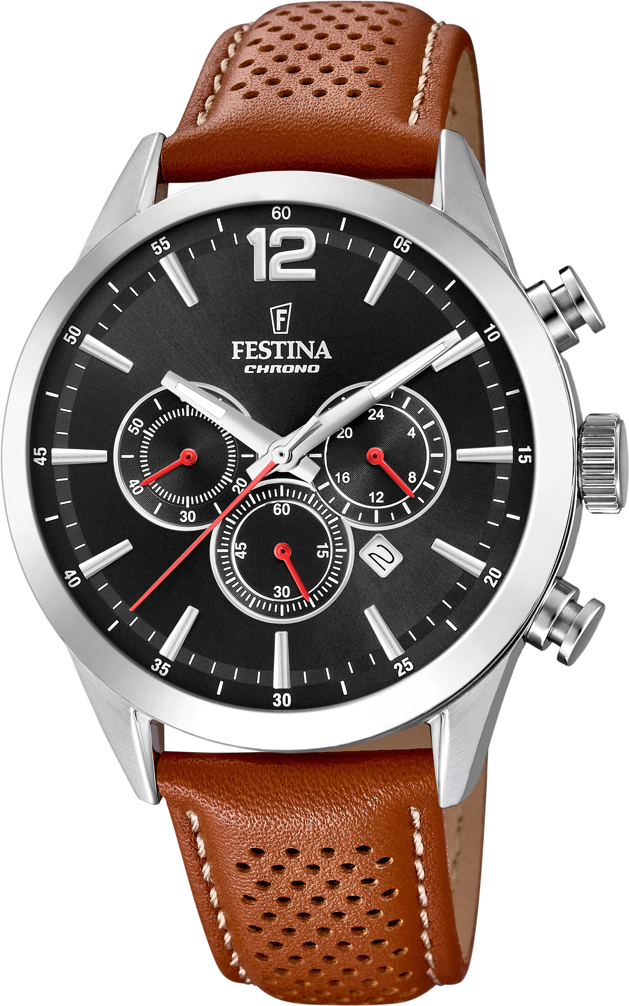Chronograph FESTINA "Timeless Chronograph", braun (cognacfarben, schwarz, schwarz), Armbanduhren, Herren, silberfarben, Chronograph, Armbanduhr, Quarzuhr, Herrenuhr, Stoppfunktion, Lederarmband
