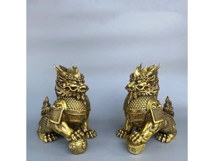 Statues de qilin en bronze antique, une paire, décoration de bureau, de hall d'entrée, de maison, ornements de style chinois, cadeau créatif