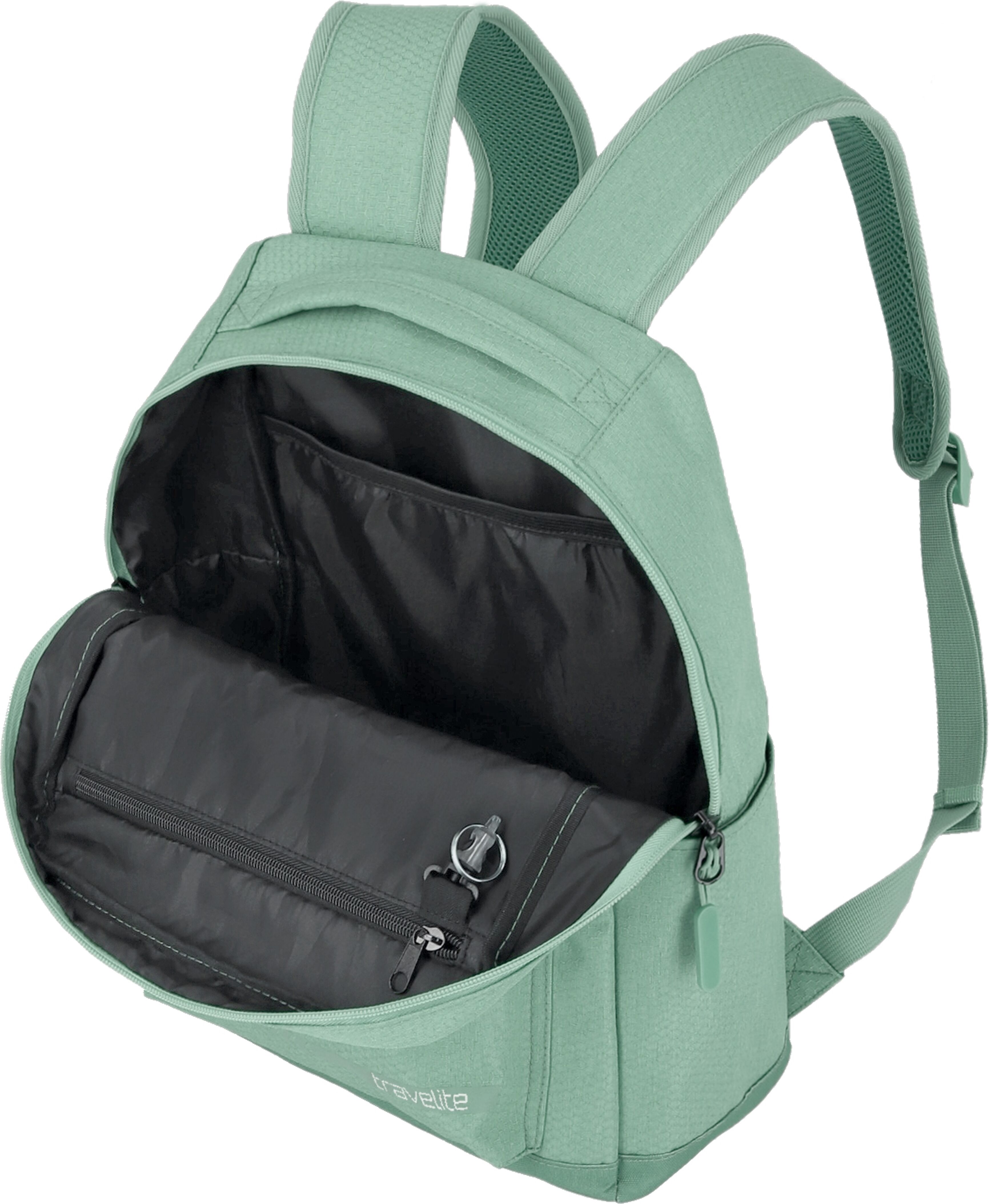 Freizeitrucksack TRAVELITE "KICK OFF Rucksack mit 13-Zoll Laptopfach", Damen, Gr. B/H/T: 31cm x 40cm x 14cm, grün (salbei), Polyester, unifarben, Basic, Rucksäcke Freizeitrucksack, mit gepolstertem Laptopfach, ideal für Freizeit, Arbeit und Schule salbei 