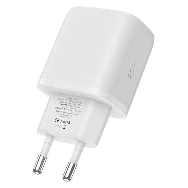 Tech-Protect Protect-Ladegerät C20W 2-Port-Netzwerkladegerät PD 20 W QC 3.0 + USB-C-Kabel Weiss (20 W, 2 Ports) (THP1621)