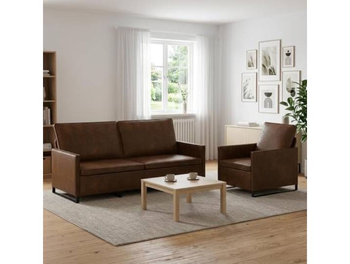 Sofa-Set 2 pcs Braun Kunstwildleder Metallrahmen,Kissenrücken,Schaum-Kissen,Faser-Kissen,pflegeleicht,Wohnzimmer