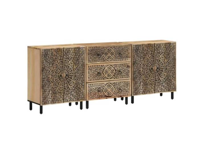 Coespram Beistellschränke 3 STK Massivholz Mangoholz 60x33x75 cm Retro Kommode mit handgeschnitztem Blumenmuster und Eisenbeinen für Wohnzimmer oder Flur. Spendet viel Stauraum.