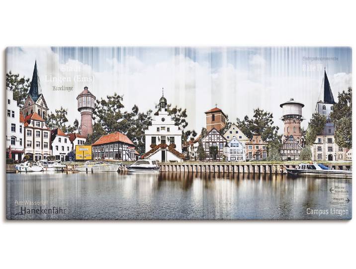 Leinwandbild ARTLAND Lingen Ems Skyline Collage , blau (farbe bild(er): blau), B:100cm H:50cm, Bilder, Leinwandbild, auf Holzrahmen gespannt