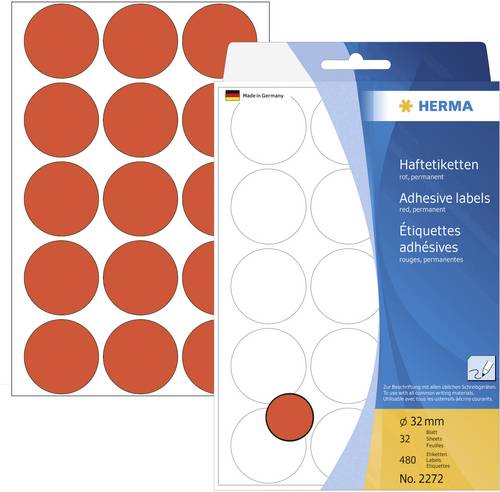 HERMA Papier - permanent selbstklebend - Rot - 32 mm rund 480 Etikett(en) (32 Bogen x 15)