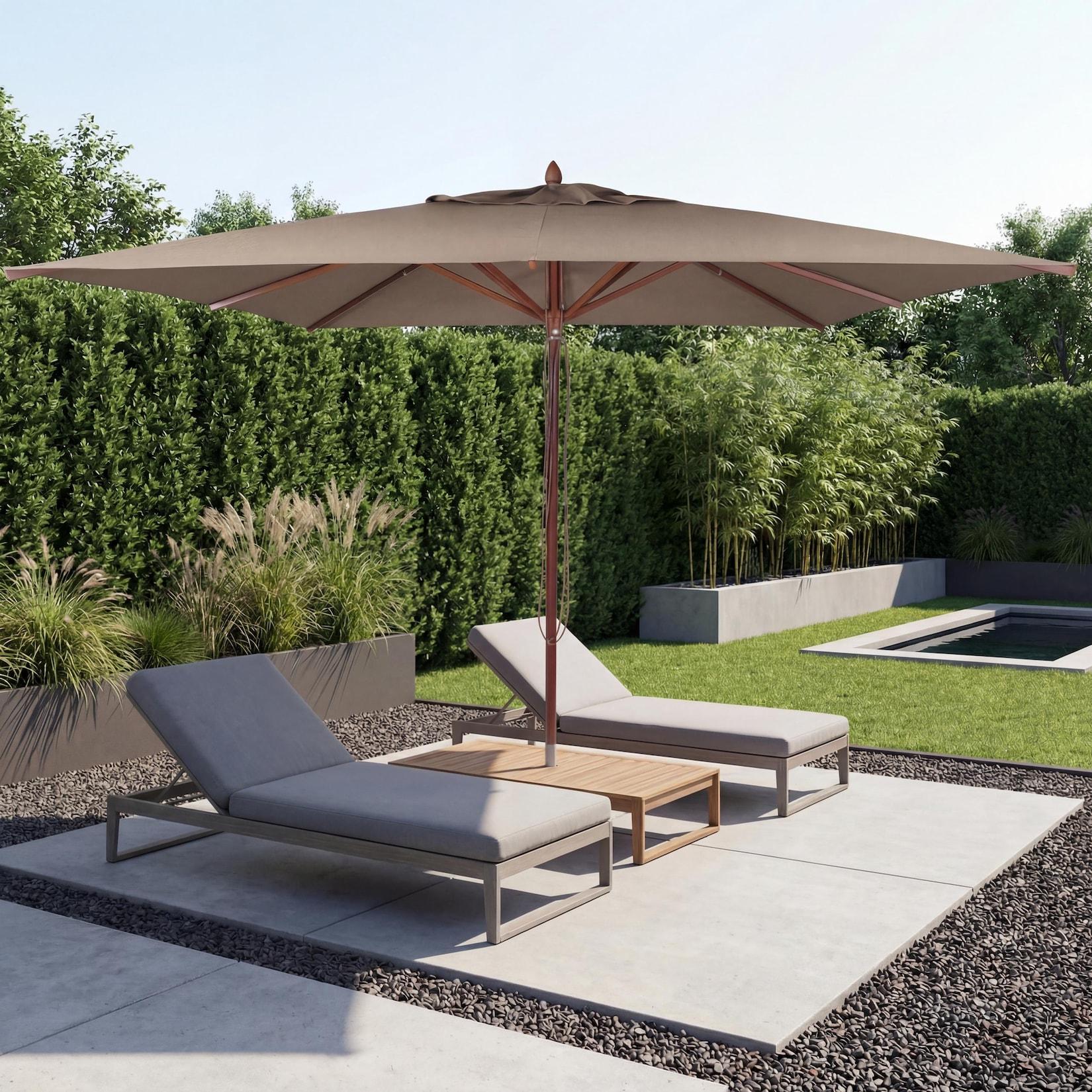 Gastronomie Holz-Sonnenschirm MCW-C57b, Gartenschirm, Polyester/Holz 14kg, eckig 3x3m Seilzug stoßsicher ~ taupe