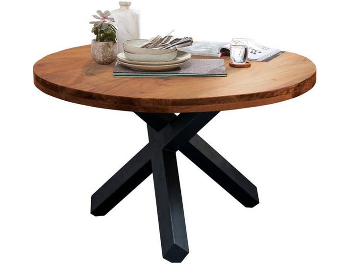 Livetastic Esstisch, Akazie, Holz, Metall, Akazie, massiv, rund, X-Form, 130x75.5x130 cm, Esszimmer, Tische, Esstische, Esstische rund