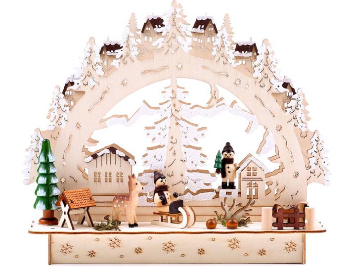 BRUBAKER 3D LED lichtboog lichtboog - winterlandschap met dorp - LED-verlichting - hout natuur - 27\,5 x 24\,5 x 8\,7 cm - handbeschilderd