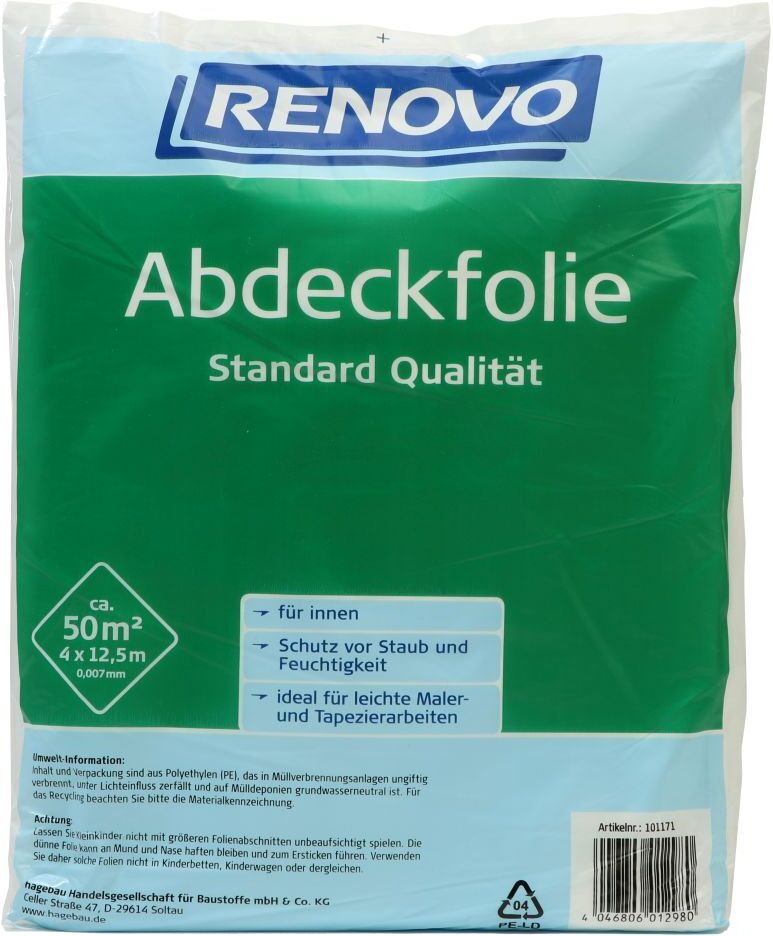 RENOVO Abdeckfolie, aus Kunststoff, Abdeckfläche: 50 m², 12,5 x 4 m x 12 µm