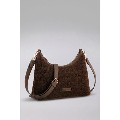 Umhängetasche ANISTON ACCESSOIRES, Damen, Gr. B/H/T: 30cm x 20cm x 8cm, braun (dunkelbraun), Textil, Taschen Umhängetasche, Handtasche, Schultertasche in Teddy-Optik