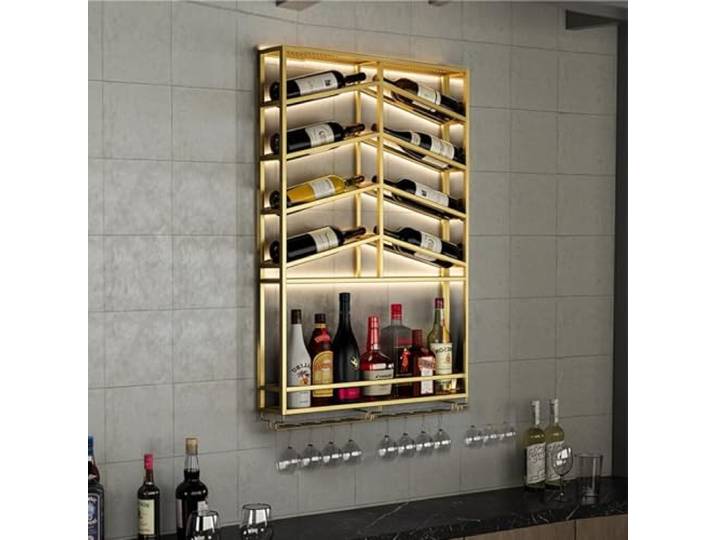 BRCYKRWY Wandmontiertes Metall-Weinregal Mit Weinglashalter,Bar Regale Wand Wandmontierte Weinregale,schwebende Barregale,Spirituosenregal,Schwebende Regale,für Bar Wohnzimmer Restaurant