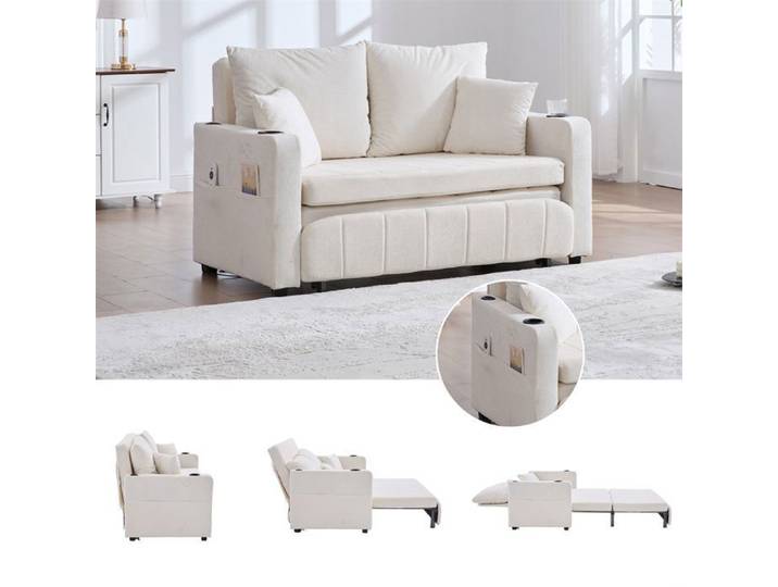 DRIPEX Canapé convertible pliable en tissu Chenille Canapé-lit avec fonction de recharge USB et porte-gobelet Beige