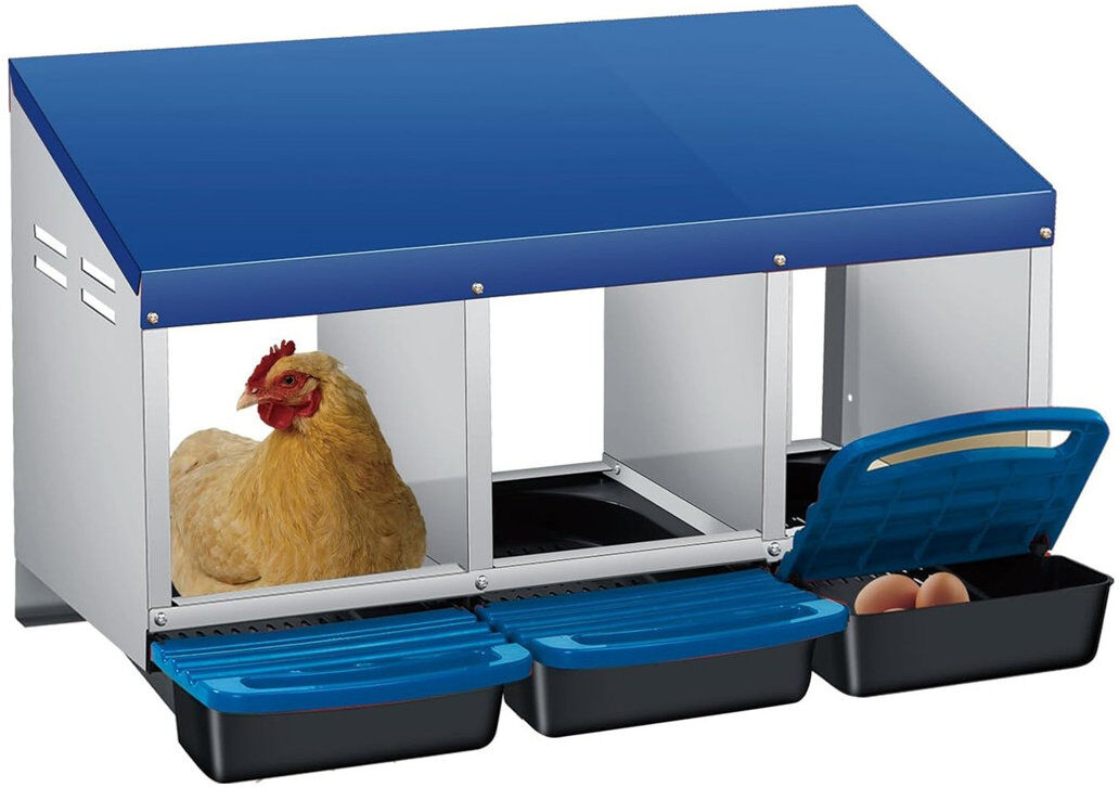 Blue Elephant Chicken Nesting Boxes,Weatherproof Galvanized Steel Chicken Egg Laying Box with Handle Perch & Automatic Rollout Egg Collection, Easy Clean & Quick As Blue 47cm H X 78.7cm W X 48cm D
