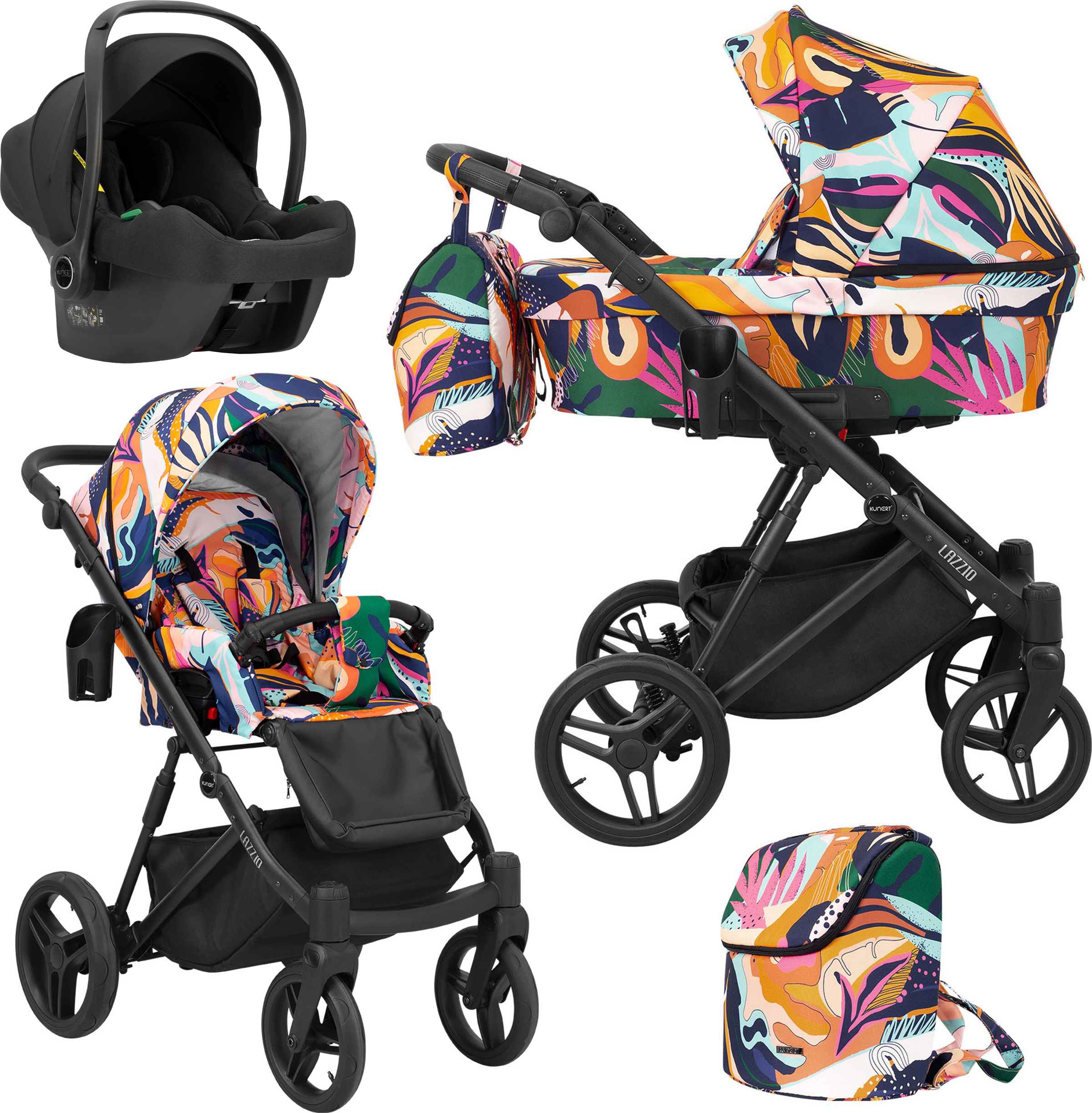 Kinderwagen LAZZIO Sportwagen Babywagen Babyschale Komplettset Kinder Wagen Autositz Set 3 in 1 (LAZ-01, Rahmenfarbe: Schwarz)