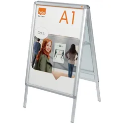 Nobo Premium Plus Plakatständer mit Klapprahmen, Größe A1, Freistehend, Doppelseitig, Aluminiumrahmen, Entspiegelte Kunststoff-Abdeckung, Silber