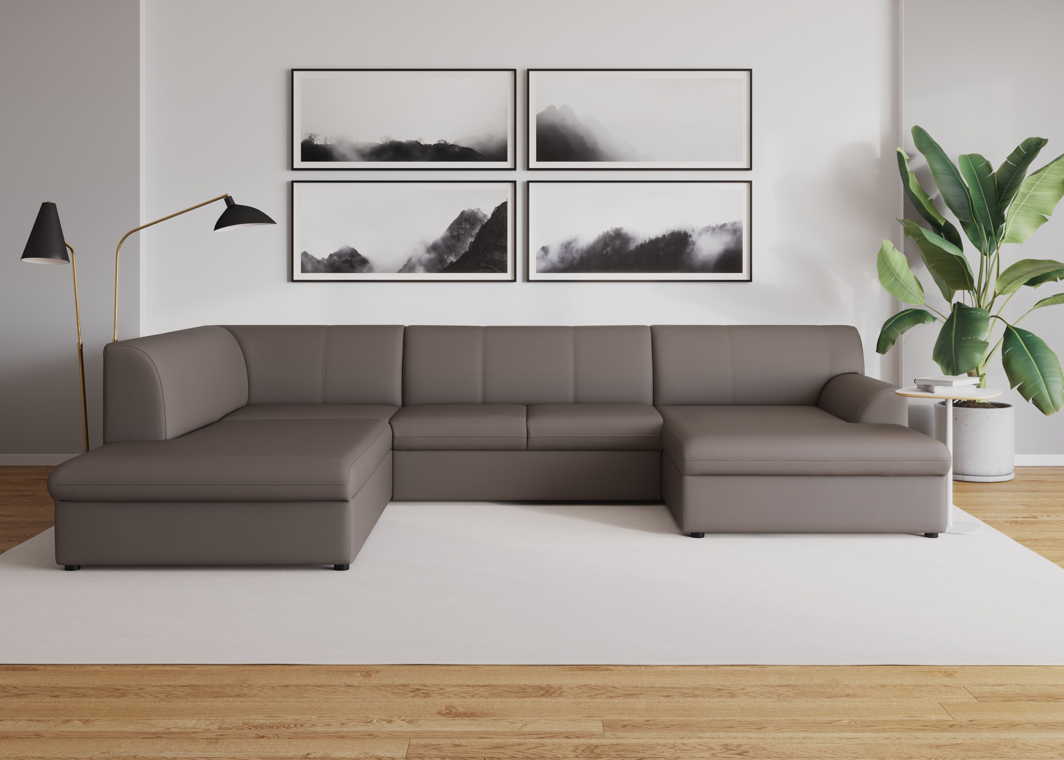 Wohnlandschaft DOMO COLLECTION "Topper, elegant & zeitlos, Breite 320cm, komfortabel, U-Form", braun (schlamm), B:320cm H:78cm T:213cm, Sofas, Wohnlandschaft, wahlweise mit Bettfunktion schlamm B/H/T: 320cm x 78cm x 213cm, Kunstleder SOFTLUX®, Ottomane li