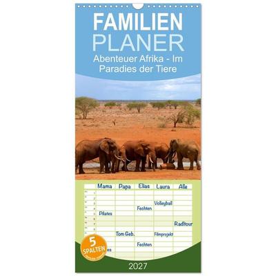 Familienplaner 2027 - Abenteuer Afrika - Im Paradies der Tiere mit 5 Spalten (Wandkalender, 21 x 45 cm) CALVENDO