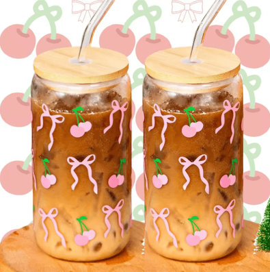 Inspire Picks Cherry Bow Glass Tumbler With Straw cherry Style 2pcs 500ml