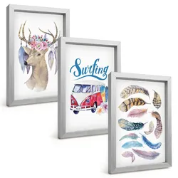 BILDER SET 3er Set - 20x30 cm Silberner Rahmen - Blumenwagen mit Geweih