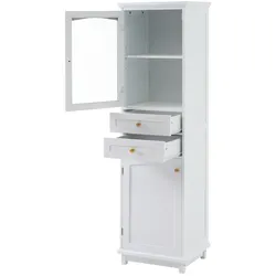 MODFU Stand-Badezimmerschrank MDF Weiß mit Glastür und 2 Schubladen 45x36x160 cm