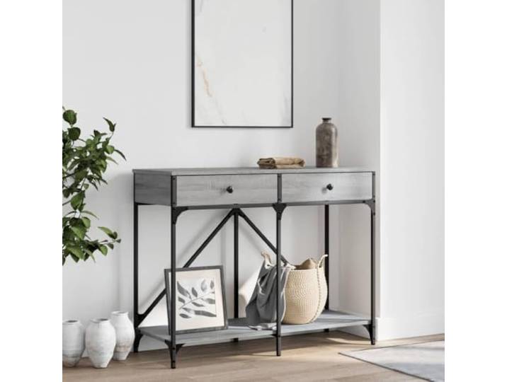 KPOUTRFG Konsolentisch Grau Sonoma 100x39x78,5 cm Holzwerkstoff Stahlrahmen 2 Schubladen, Ablage, verstellbare Beine, Wandhalterung, robuste Tischplatte, feuchtigkeitsbeständig