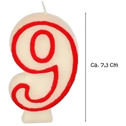 Zahlenkerze Geburtstagskuchen Deko Tortenkerze Ziffer 9 Weiß Rot Rand 73mm
