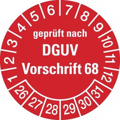 König Werbeanlagen Prüfplaketten ab 26, geprüft nach DGUV Vorschrift 68, rot/weiß, Folie, Ø 30mm - Bogen = 10 Plaketten - 30 mm Folie selbstklebend