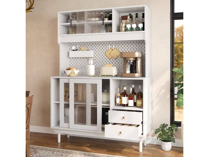 Piaenon - Buffet de Cuisine 117x30x170 cm avec 2 Tiroirs 4 Portes Panneau Perforé Design Moderne Cuisine - Blanc
