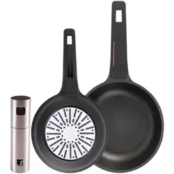 BERGNER - Pfannen Ø20/24cm aus Gusseisen geeignet für Induktion mit Öl/Essig Sprühflasche Ø4x17,5cm Edelstahl