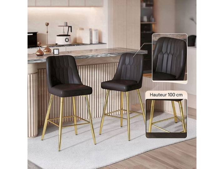 URTR Lot de 2 Tabouret de bar 42x45x100cm - Chaise haute ergonomie - Avec repose-pieds - En PU et cadre métal doré - Noir