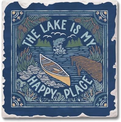 Thirstystone "Lakeside Happy 4 Pack Tumbled Tile Stone Coaster with Protective Cork Backing Manufactured in The USA 4"" Square"