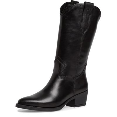 Westernstiefel TAMARIS, Damen, Gr. 36, Textil, schwarz, Glattleder, unifarben, Schuhe, Blockabsatz, Langschaftstiefel mit Ziernähten, in spitzer Form