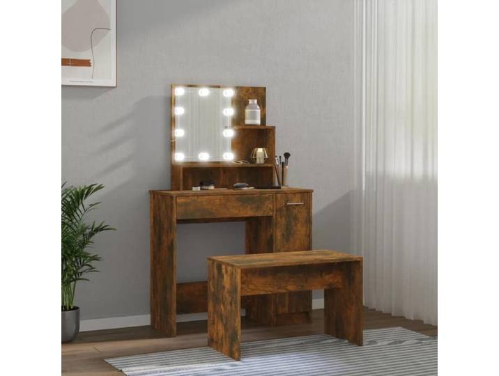 (Vente Chaude)Ensemble de coiffeuse - CLOUD - Meuble de Chambre - 1 Personne - avec LED Chêne fumé - Bois d'ingénierie 6968068