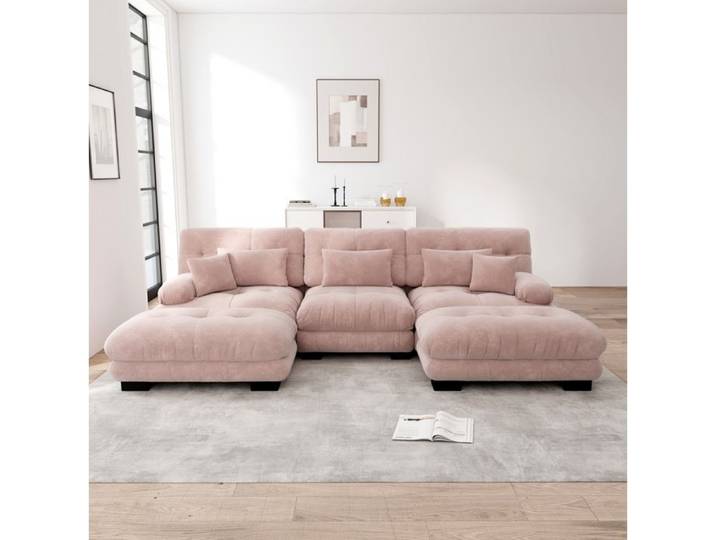 Canape Modulable En Chenille Rose Canape U Panoramique FloraGrace Pour Salon Ottomans Mobiles Inclus 313x145x81cm