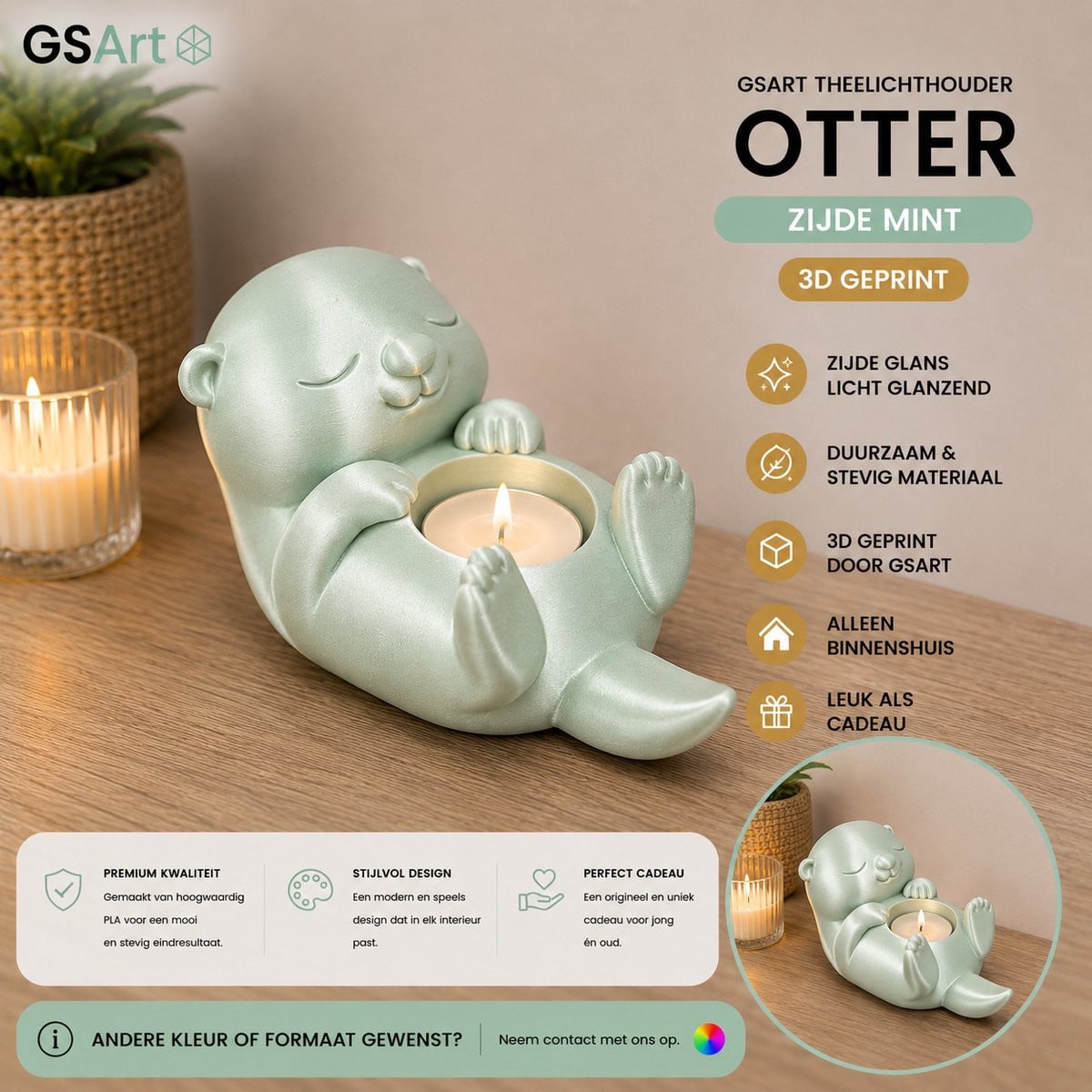 GSArt Theelichthouder Otter – Decoratieve Otter met LED Theelichtje – Zijde Mint