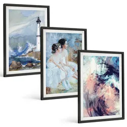 BILDER SET 3er Set - 40x60 cm Schwarzer Rahmen - Leuchtturm-Abstrakte Tänzerin