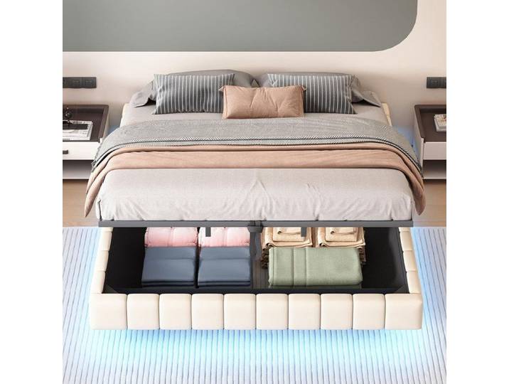 Lit rembourré - GUTENT - 180x200 cm - Cadre flottant - Eclairage LED - Métal beige
