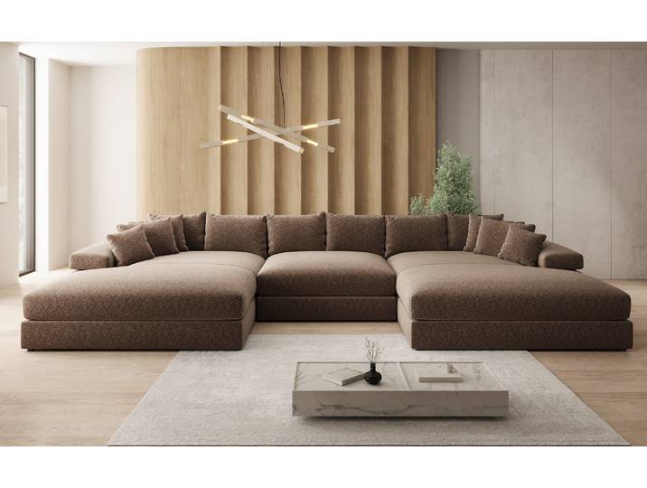 Designer Sofa Bernardo U mit breiter Ottomane in Strukturstoff - Braun - Strukturstoff - Luxusbetten24