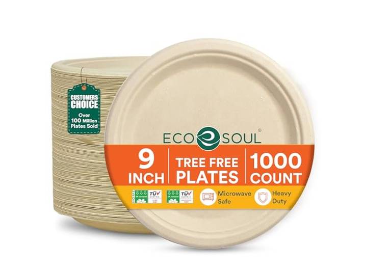 ECO SOUL Einweg-Bagasse-Teller(23cm) 9 rund(1000 Stück) Aus Bagasse hergestellt, 100% kompostierbar & plastikfrei, Mikrowellen & gefriergeeignet, Auslaufsicher und extra stabil