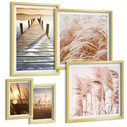BILDER SET 5er Set - 50x50 cm & 20x30 cm & 40x60 cm Goldrahmen - Boho-Grasfeld-Sonnenuntergang