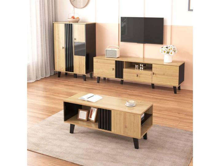 Ensemble Meubles Salon 3 Pièces - Design Moderne Bois chaleureux - Table Basse Meuble TV Buffet LED
